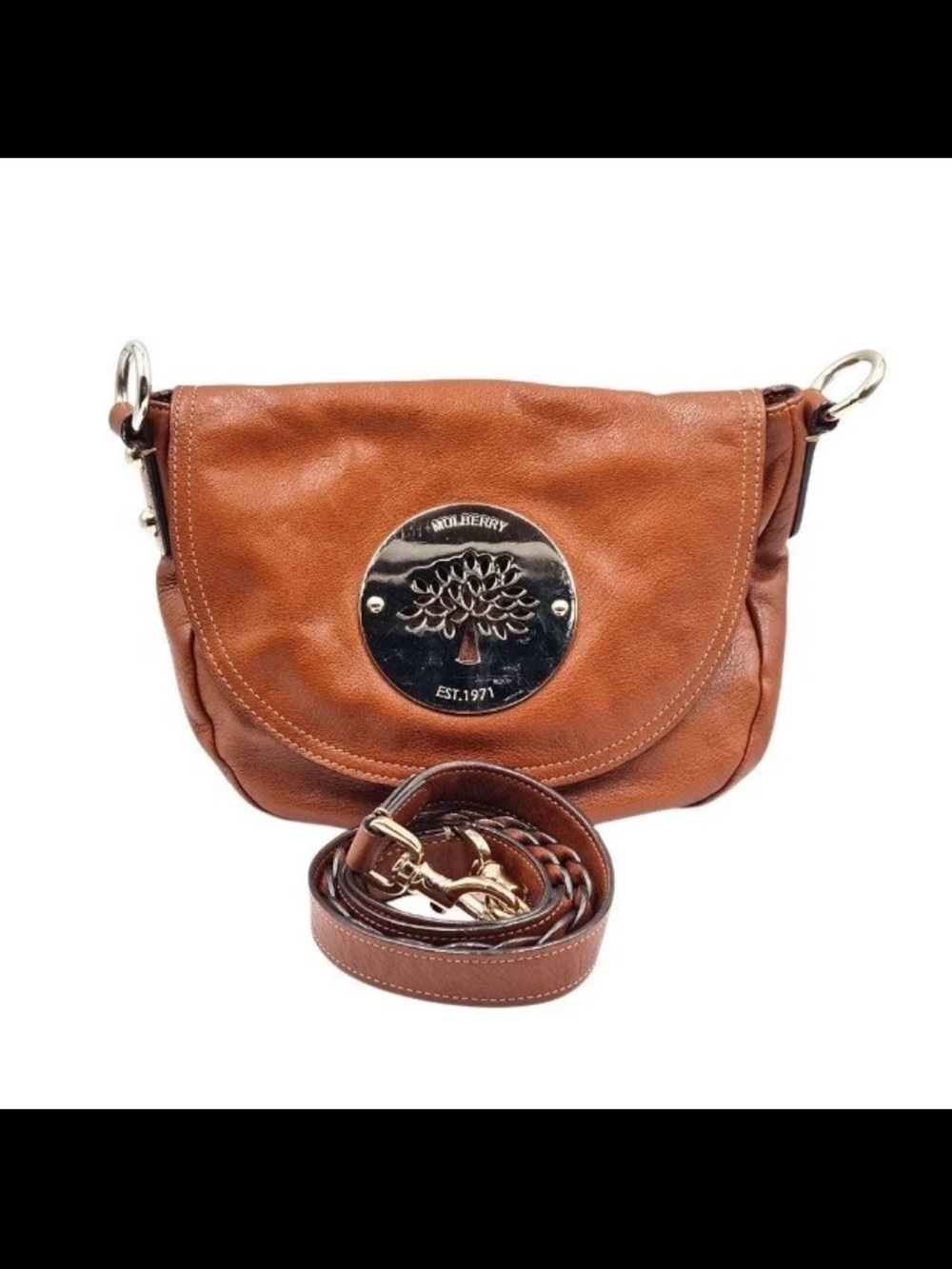Mulberry Cognac Brown Leather Crossbody with Branded Plaque